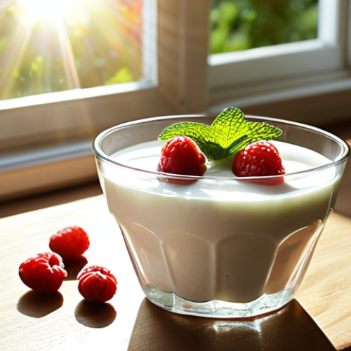 **Homemade Yogurt:** A creamy, white yogurt in a clear glass bowl, garnished with fresh berries and a sprig of mint.  Sunlight shining through a kitchen window creates a warm, inviting atmosphere.