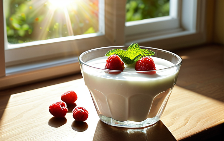 **Homemade Yogurt:** A creamy, white yogurt in a clear glass bowl, garnished with fresh berries and a sprig of mint. Sunlight shining through a kitchen window creates a warm, inviting atmosphere.