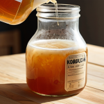 **

"Close-up shot of kombucha being poured, highlighting the fermentation process. Focus on bubbles, SCOBY, and natural ingredients. Incorporate elements of transparency through a clear glass bottle and visible labels. Style: Bright, natural lighting, focus on texture."

**
