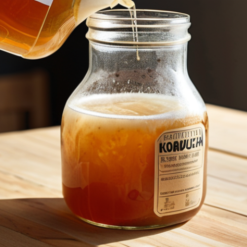 **

"Close-up shot of kombucha being poured, highlighting the fermentation process. Focus on bubbles, SCOBY, and natural ingredients. Incorporate elements of transparency through a clear glass bottle and visible labels. Style: Bright, natural lighting, focus on texture."

**