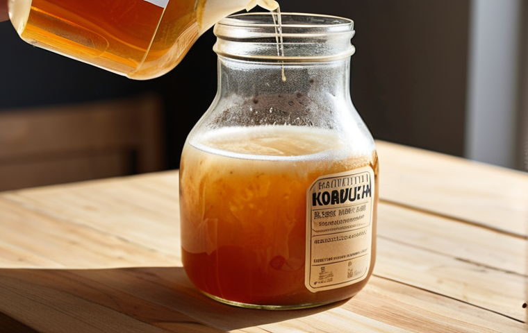 **
"Close-up shot of kombucha being poured, highlighting the fermentation process. Focus on bubbles, SCOBY, and natural ingredients. Incorporate elements of transparency through a clear glass bottle and visible labels. Style: Bright, natural lighting, focus on texture."
**