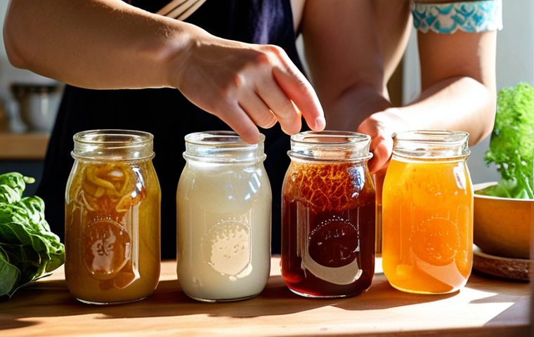 **
A vibrant, sunlit kitchen where ancient culinary wisdom meets modern science. Close-up on hands tending to bubbling glass jars of homemade kombucha and kefir, illustrating the 'alchemy' of fermentation. In the background, subtle, ethereal elements like glowing neural pathways or stylized microbiota patterns hint at the gut-brain connection and scientific understanding. The scene evokes a sense of natural well-being, discovery, and the profound personal impact of fermented foods, with warm, inviting colors and a sense of calm energy.
2. **Prompt for
