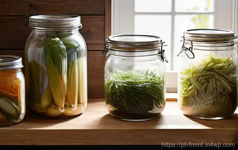 발효 식품의 맛을 높이기 위한 조리법 - **A Vibrant Fermentation Kitchen with Quality Ingredients and Aromatic Herbs**
    
    Prompt: A br...