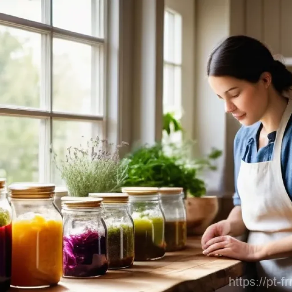 발효식품을 활용한 미니멀리즘 식단 - **"A tranquil, sunlit kitchen scene. On a rustic wooden countertop, several glass jars are gently bu...