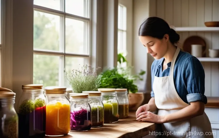 발효식품을 활용한 미니멀리즘 식단 - **"A tranquil, sunlit kitchen scene. On a rustic wooden countertop, several glass jars are gently bu...