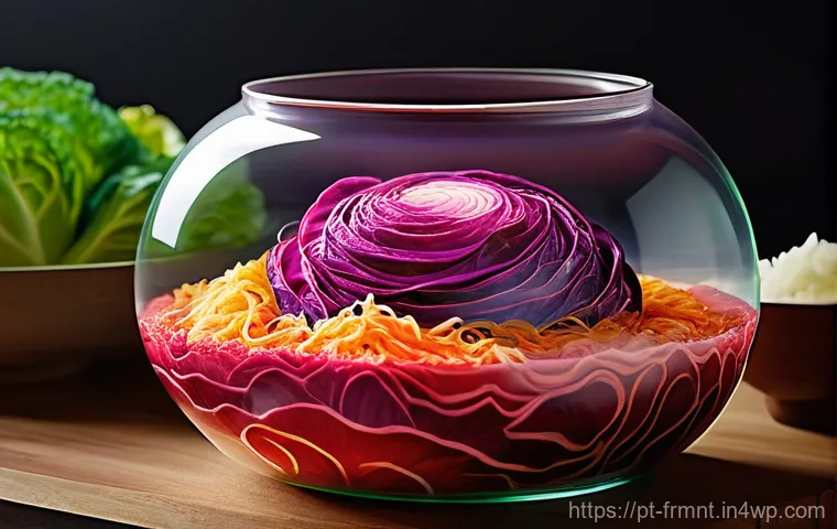 가정에서 쉽게 만드는 김치 레시피 - **"The Essence of Kimchi Fermentation"**
A vibrant, dynamic, and slightly surreal illustration d...