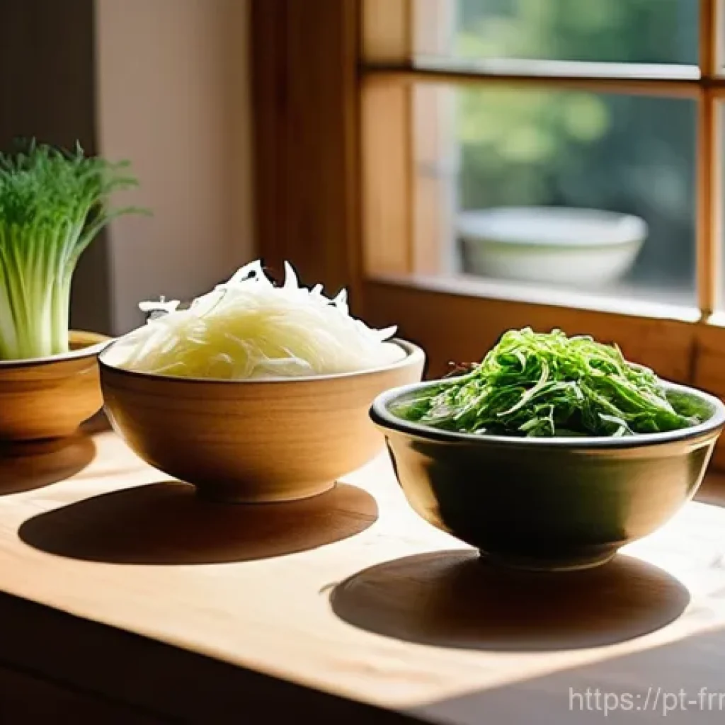발효식품에 사용되는 유산균 종류 - **Prompt:** A vibrant, sun-drenched kitchen with a warm, inviting atmosphere. On a rustic wooden cou...