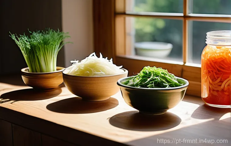 발효식품에 사용되는 유산균 종류 - **Prompt:** A vibrant, sun-drenched kitchen with a warm, inviting atmosphere. On a rustic wooden cou...
