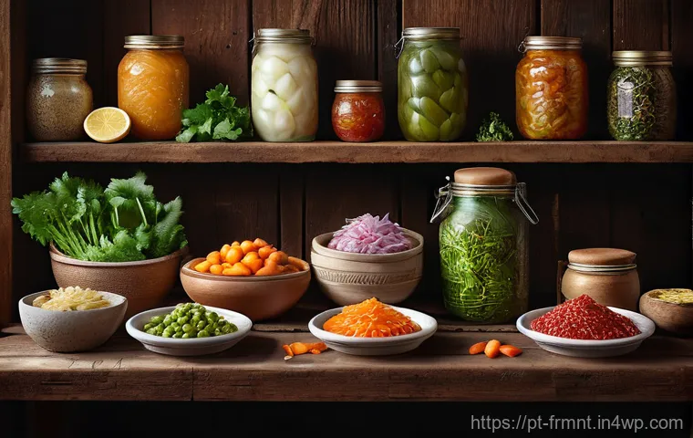 발효식품의 세계  각국 전통 발효법 - Here are three image prompts in English, detailing various aspects of fermented foods: