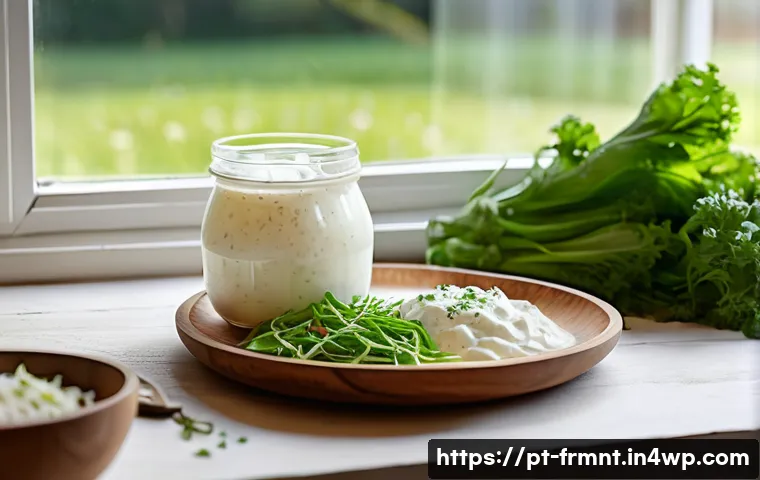 발효식품과 면역력  연구 결과 - A vibrant and cozy kitchen scene featuring a rustic wooden table with a variety of fermented foods d...