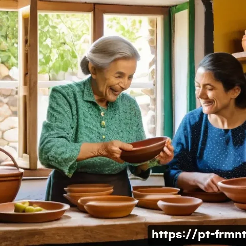 발효식품과 지역사회 문화적 연관성 - A vibrant rustic kitchen scene in a traditional Portuguese rural home, with an elderly woman and her...