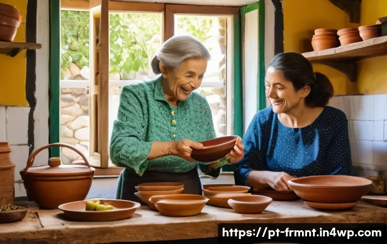 발효식품과 지역사회  문화적 연관성 - A vibrant rustic kitchen scene in a traditional Portuguese rural home, with an elderly woman and her...