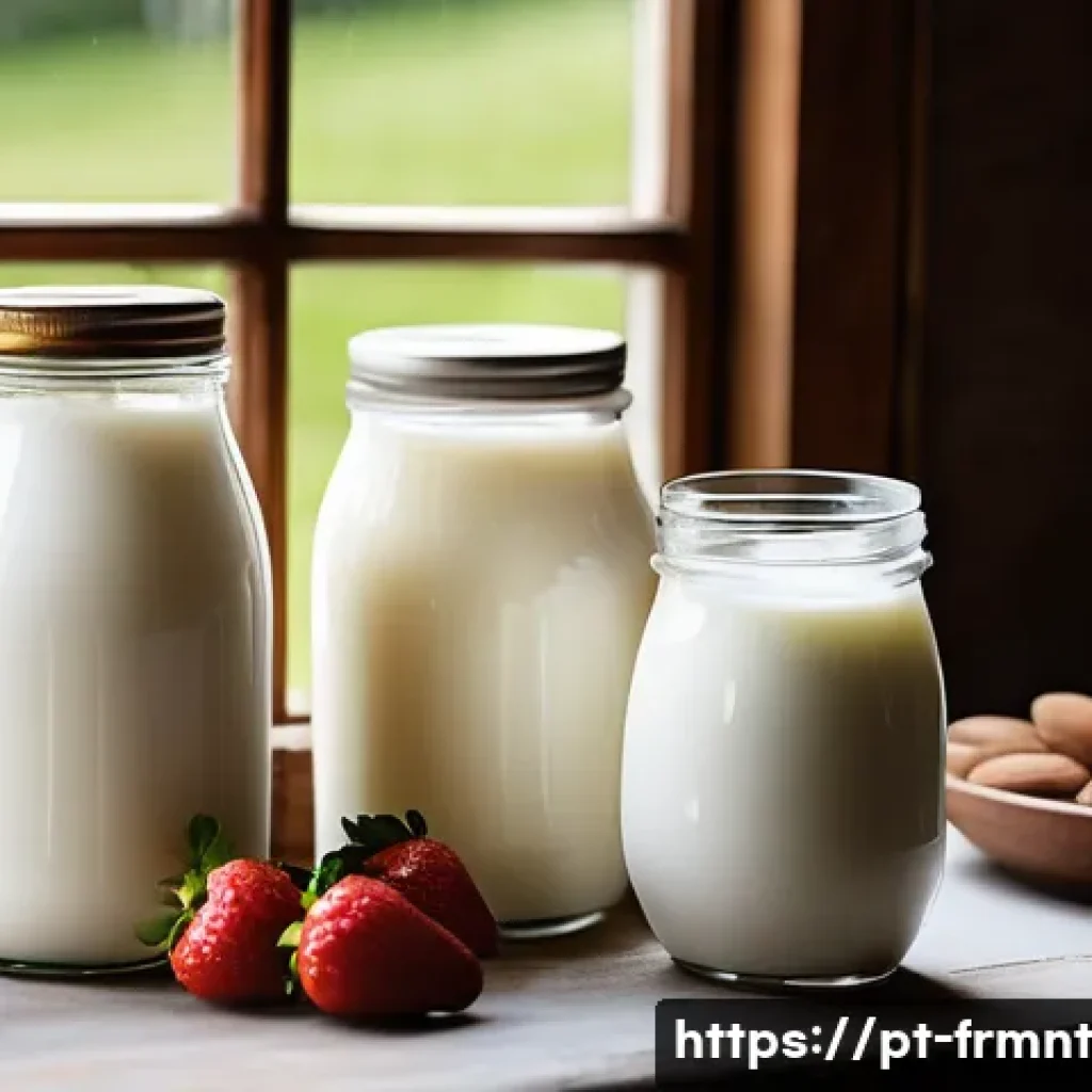 수제 요구르트에 필요한 재료와 방법 - A cozy kitchen scene featuring a rustic wooden table with various types of milk bottles—whole milk, ...