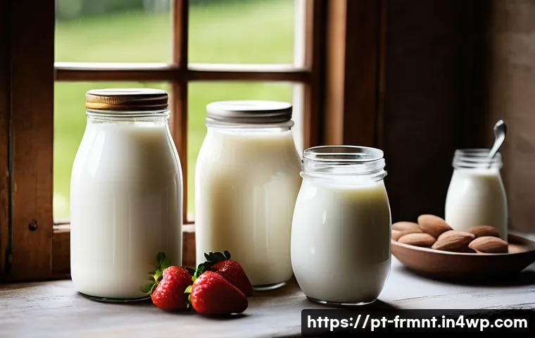 수제 요구르트에 필요한 재료와 방법 - A cozy kitchen scene featuring a rustic wooden table with various types of milk bottles—whole milk, ...