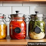 Home 21 발효식품 만들기 필수 도구 소개 - A bright, clean kitchen countertop scene showing essential home fermentation equipment: several clea...