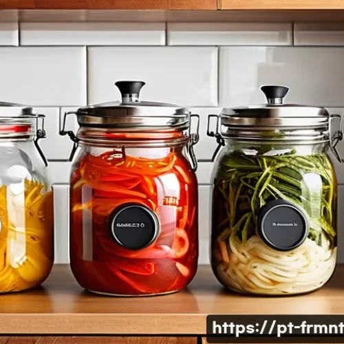 Home 33 발효식품 만들기 필수 도구 소개 - A bright, clean kitchen countertop scene showing essential home fermentation equipment: several clea...