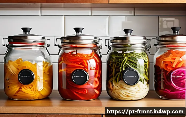 발효식품 만들기 필수 도구 소개 - A bright, clean kitchen countertop scene showing essential home fermentation equipment: several clea...