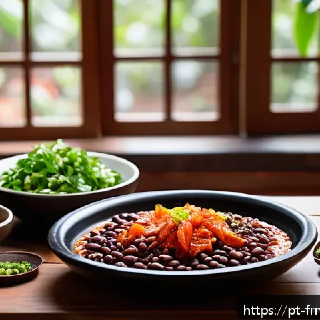 발효된 식품을 활용한 요리 레시피 - A vibrant Brazilian kitchen scene featuring a rustic wooden table with a traditional feijoada dish s...