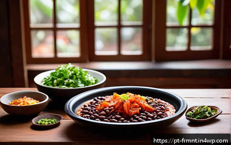 발효된 식품을 활용한 요리 레시피 - A vibrant Brazilian kitchen scene featuring a rustic wooden table with a traditional feijoada dish s...
