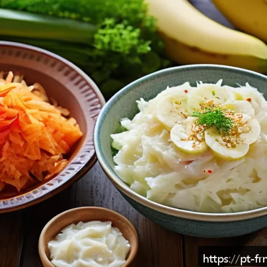 발효식품 관련 필수 용어 정리 - A vibrant and detailed kitchen scene featuring a rustic wooden table with various fermented foods po...