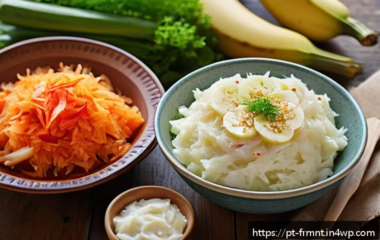 발효식품 관련 필수 용어 정리 - A vibrant and detailed kitchen scene featuring a rustic wooden table with various fermented foods po...