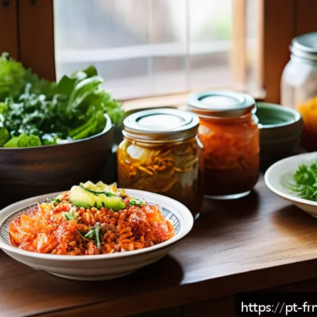 발효식품의 다양한 조리 방법 - A vibrant kitchen scene showcasing a rustic wooden table filled with traditional Brazilian dishes en...