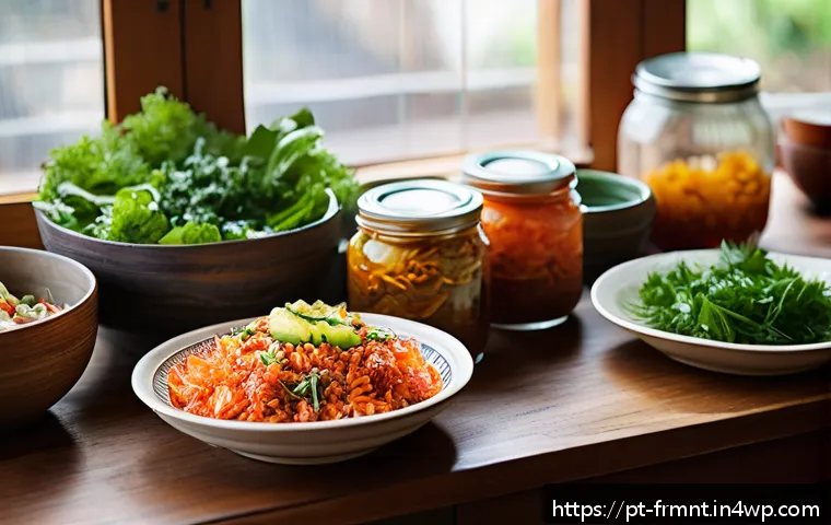 발효식품의 다양한 조리 방법 - A vibrant kitchen scene showcasing a rustic wooden table filled with traditional Brazilian dishes en...