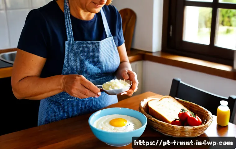 Home 13 발효식품과 장 건강의 관계 - Photorealistic bright Portuguese kitchen scene, a middle-aged woman preparing a balanced gut-friendl...
