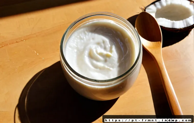 Home 15 코코넛 요거트 만드는 방법 공개 - Photorealistic overhead kitchen scene of homemade coconut yogurt preparation, a clear glass jar of t...